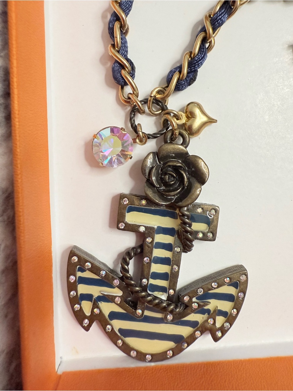 Betsy Johnson Navy & Cream Anchor Pendant Necklace with Rose Charm